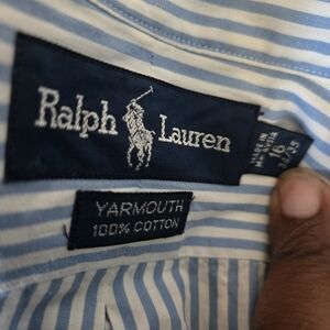 Ralph Lauren Blue White Stripe Long Sleeve Button Up Size 16 34/35 Yarmouth 100%